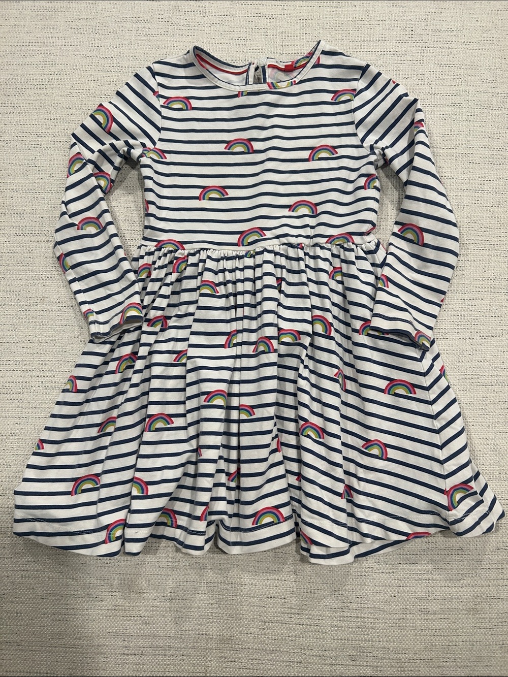 Mini Boden White & Navy Stripe Rainbow Print Long-Sleeve Dress